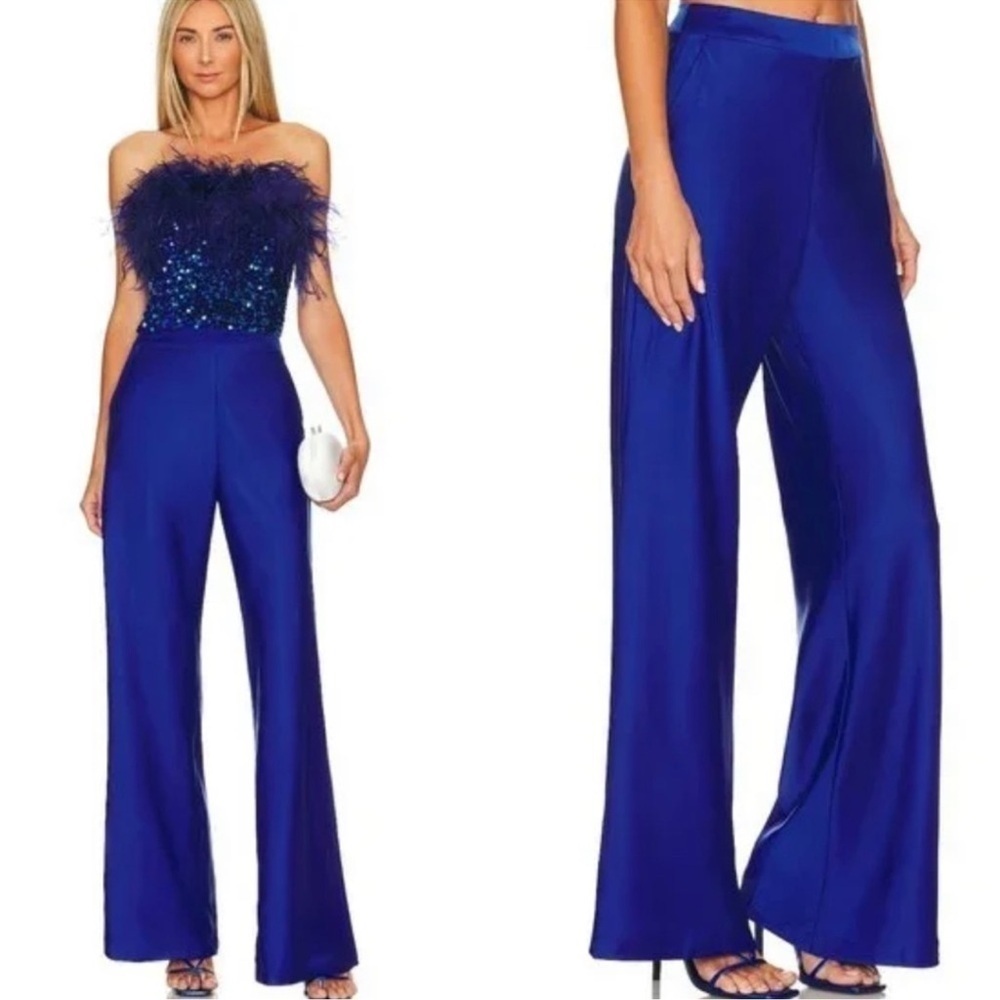 Line And Dot Royal Blue Tara Satin Flare Leg Pants